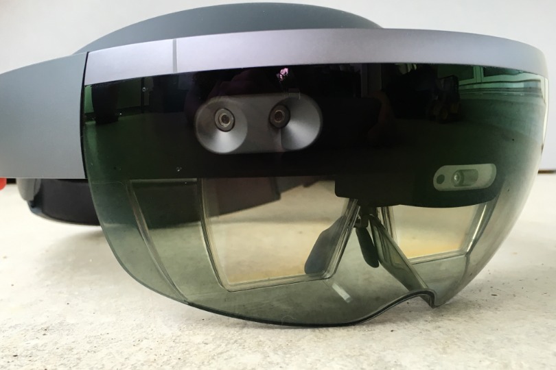 HoloLens with visible optical waveguides and a large variety of sensors
